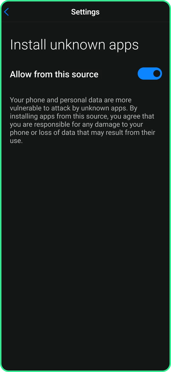 Go to your device settings to allow BC Game app installation.