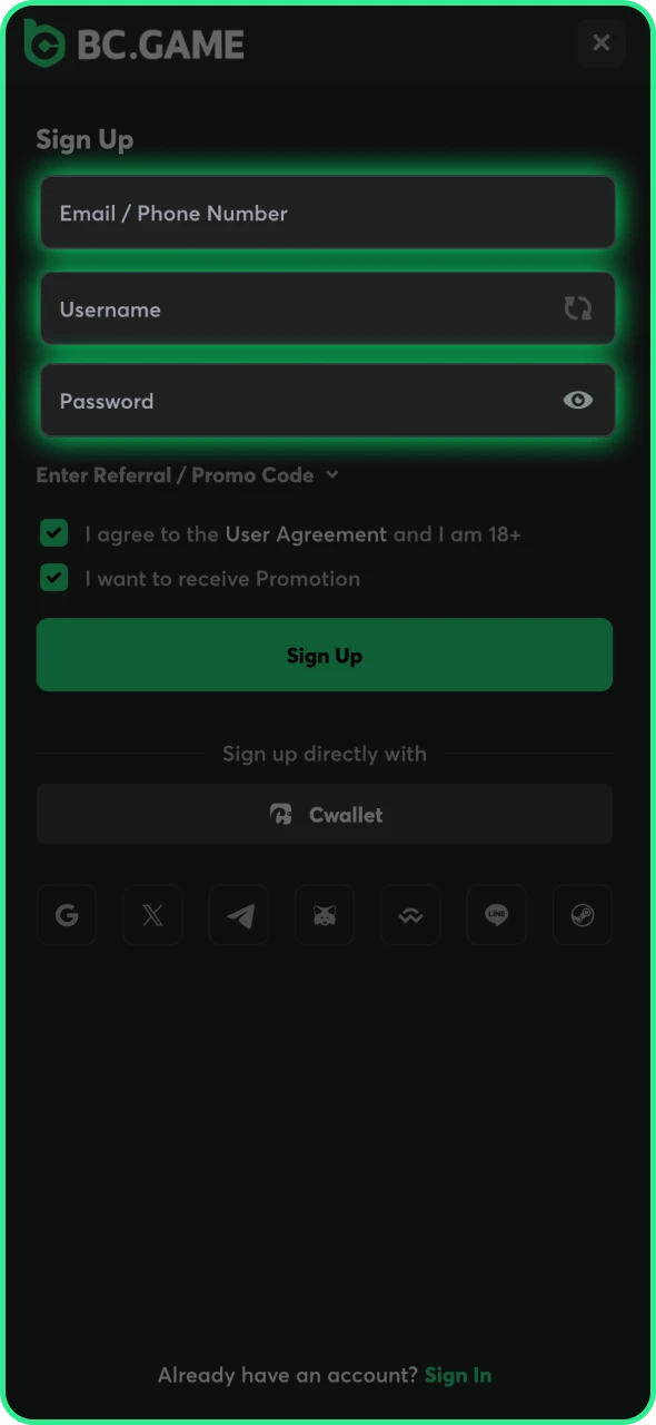 Register your personal account at BC Game platform.